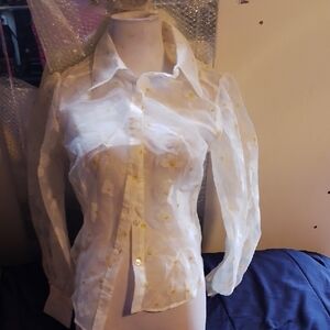 Suzy Shier Sheer White Button Down Shirt with Yellow Floral Accents